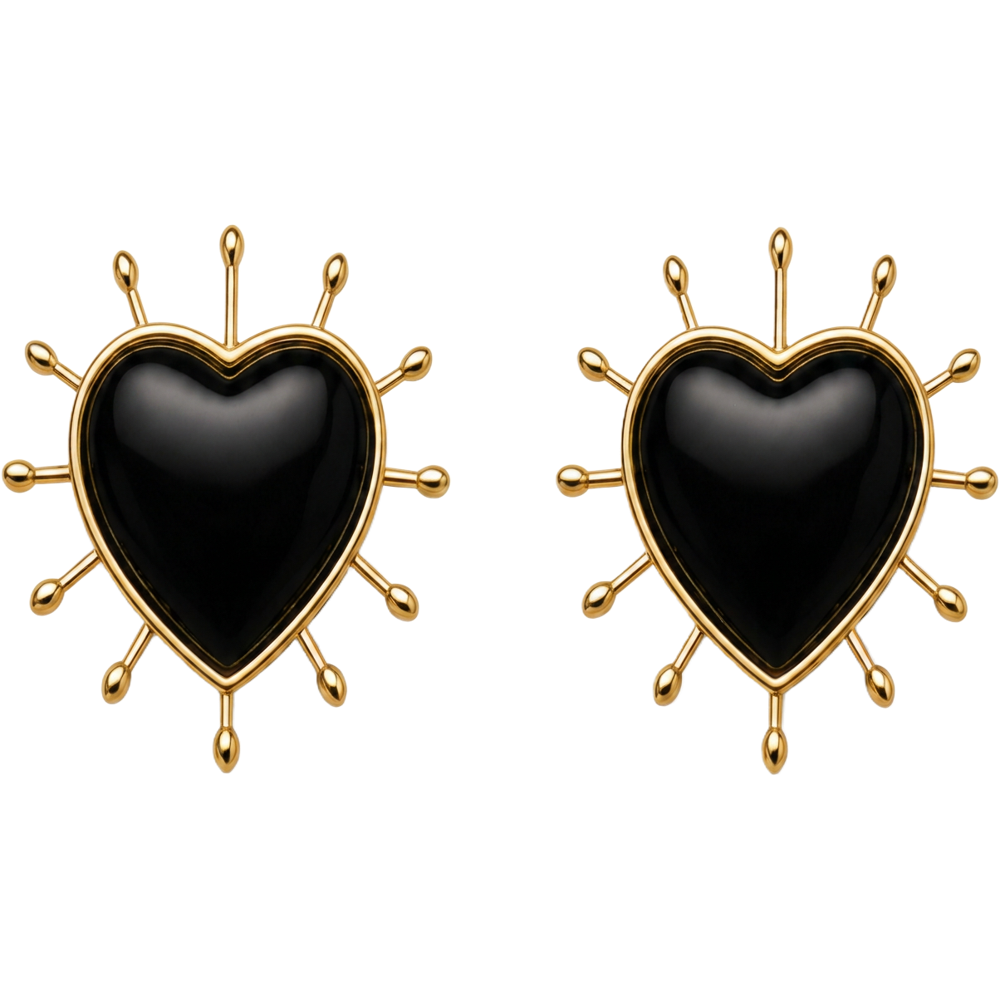 Noir black heart earrings with gold-tone radiating pins